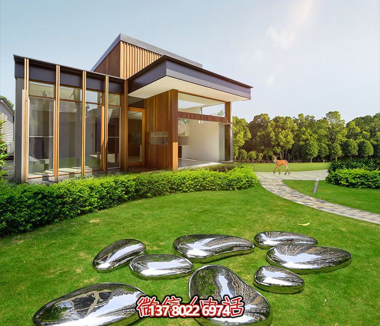 高端室內(nèi)草坪裝飾，不銹鋼雕塑鏡面石頭安放
