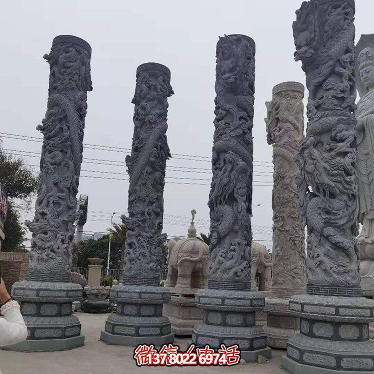 青石浮雕龍柱，精美石雕園林景觀裝飾