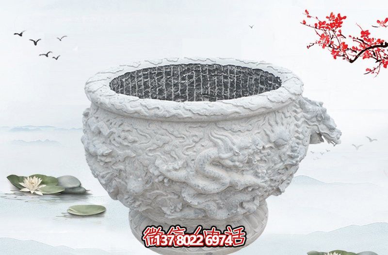 漢白玉石雕龍浮雕水缸雕塑，為庭院增添優(yōu)雅氣息