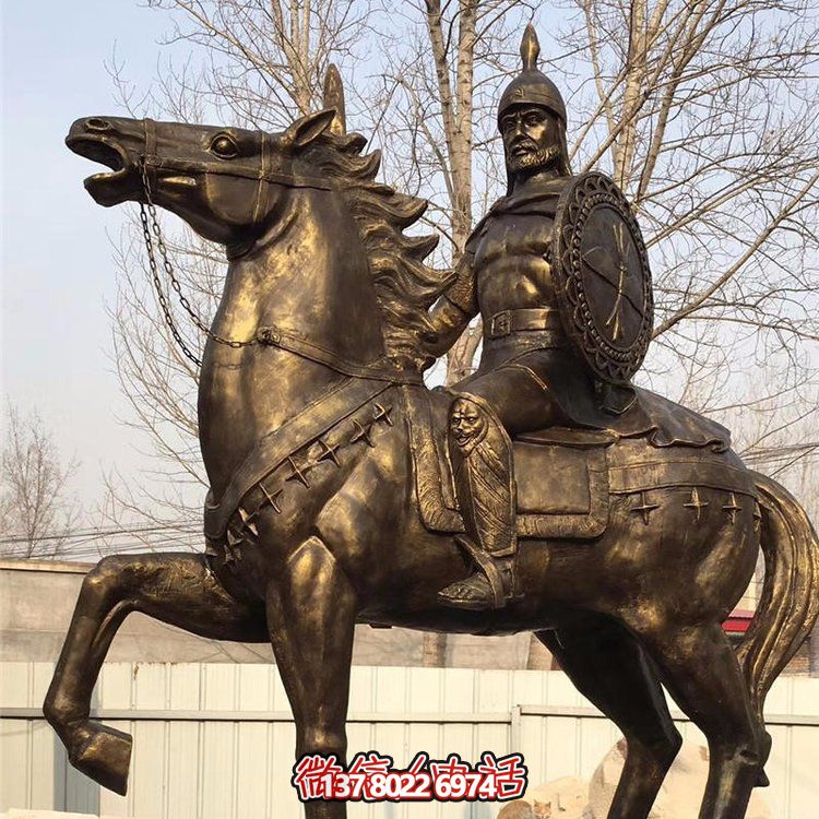 西方古代的騎馬士兵銅雕，手持盾牌騎馬身上的西方戰(zhàn)士